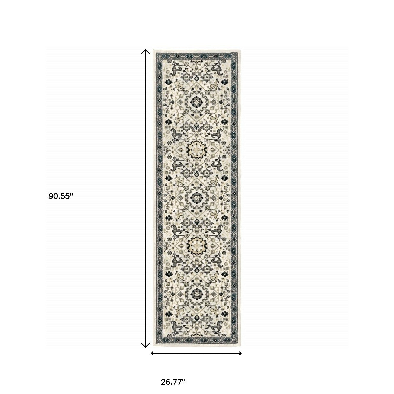 2' X 8' Ivory Navy And Gold Oriental Power Loom Stain Resistant Runner Rug