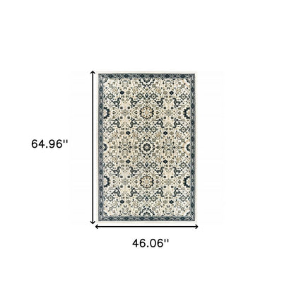 4' X 6' Ivory Navy And Gold Oriental Power Loom Stain Resistant Area Rug