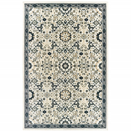 5' X 8' Ivory Navy And Gold Oriental Power Loom Stain Resistant Area Rug