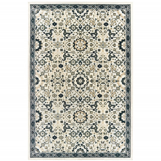 7' X 10' Ivory And Navy Blue Oriental Area Rug