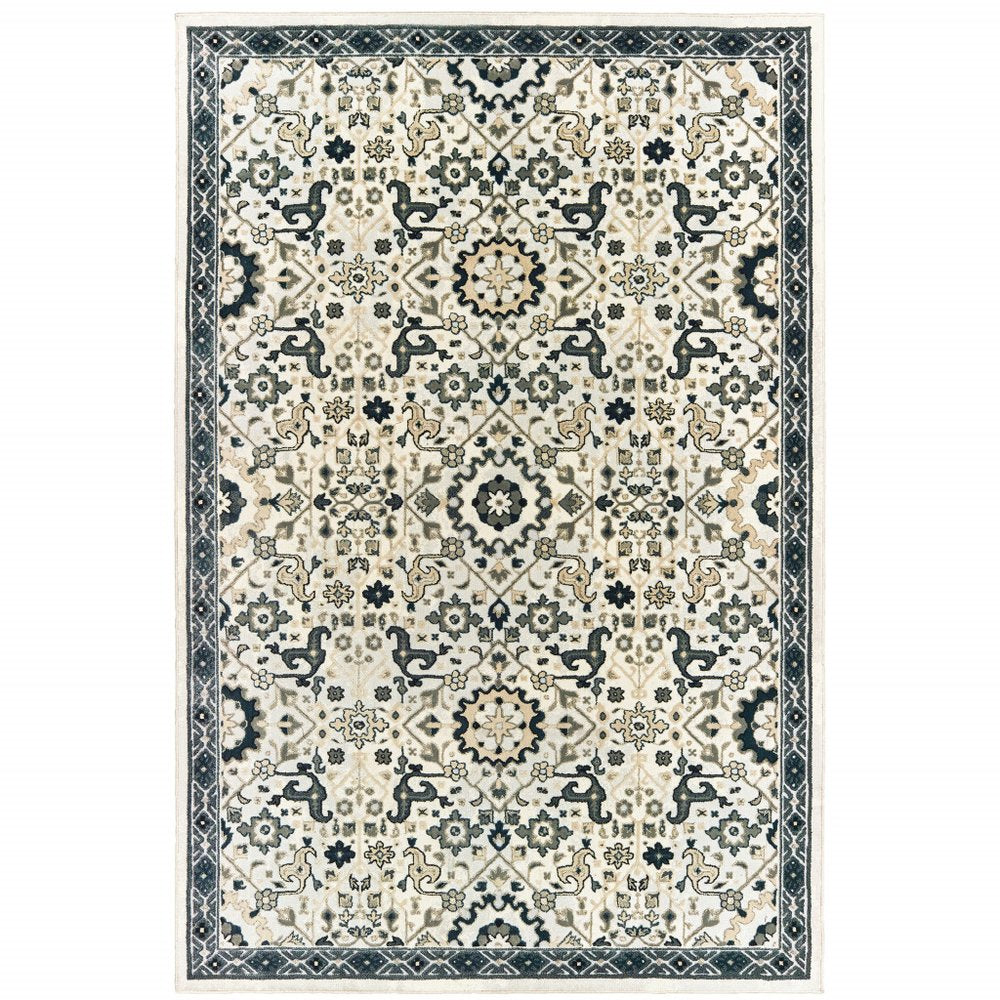 7' X 10' Ivory And Navy Blue Oriental Area Rug