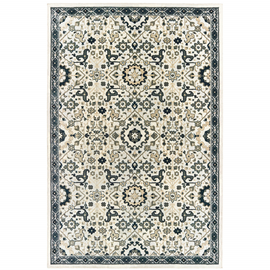 6' X 9' Ivory Navy And Gold Oriental Power Loom Stain Resistant Area Rug
