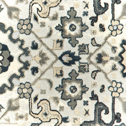 7' X 10' Ivory And Navy Blue Oriental Area Rug