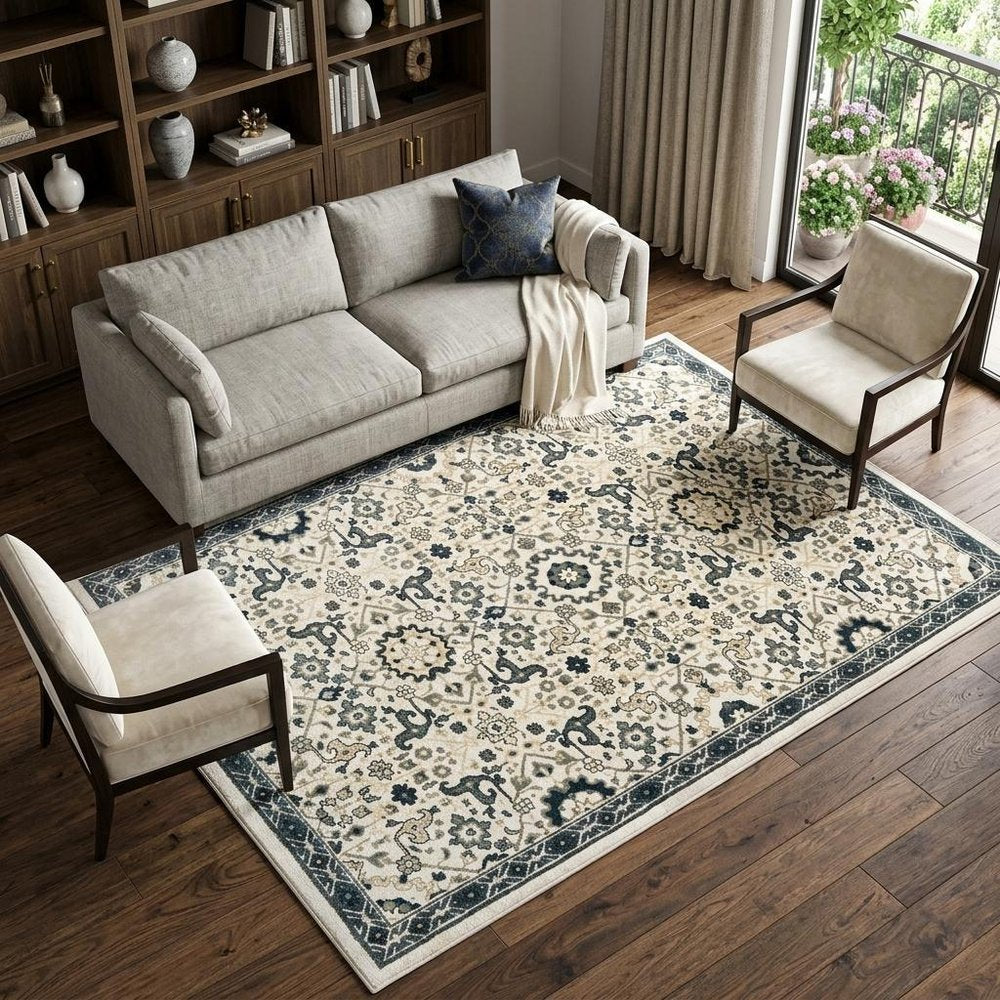 7' X 10' Ivory And Navy Blue Oriental Area Rug