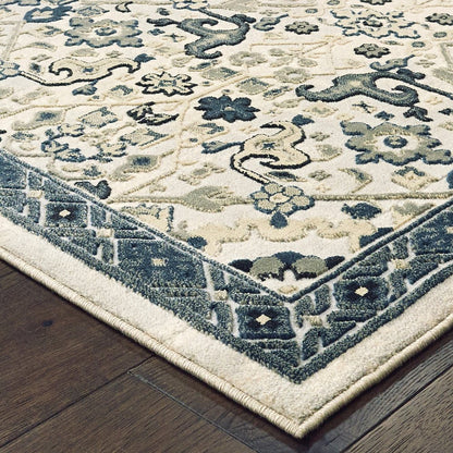 8' X 11' Ivory And Navy Blue Oriental Area Rug