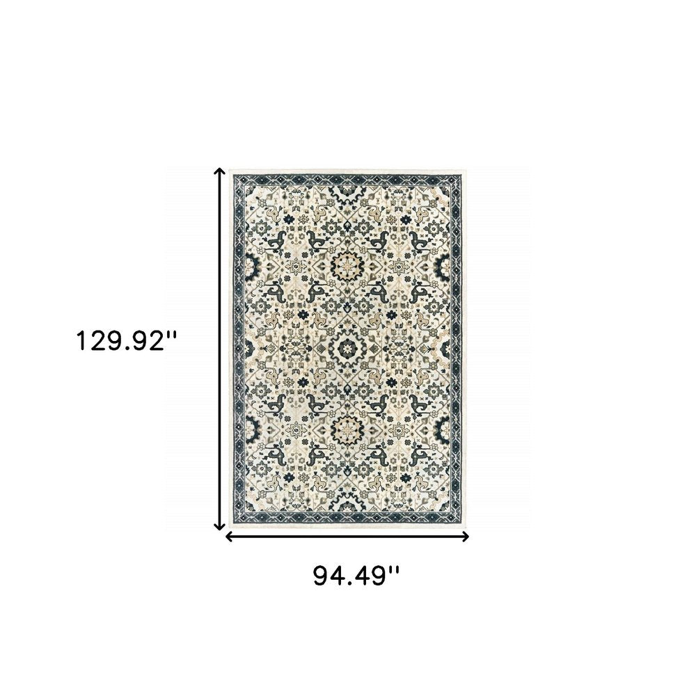8' X 11' Ivory And Navy Blue Oriental Area Rug