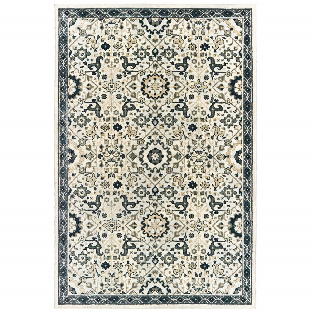 10' X 13' Ivory Navy And Gold Oriental Power Loom Stain Resistant Area Rug