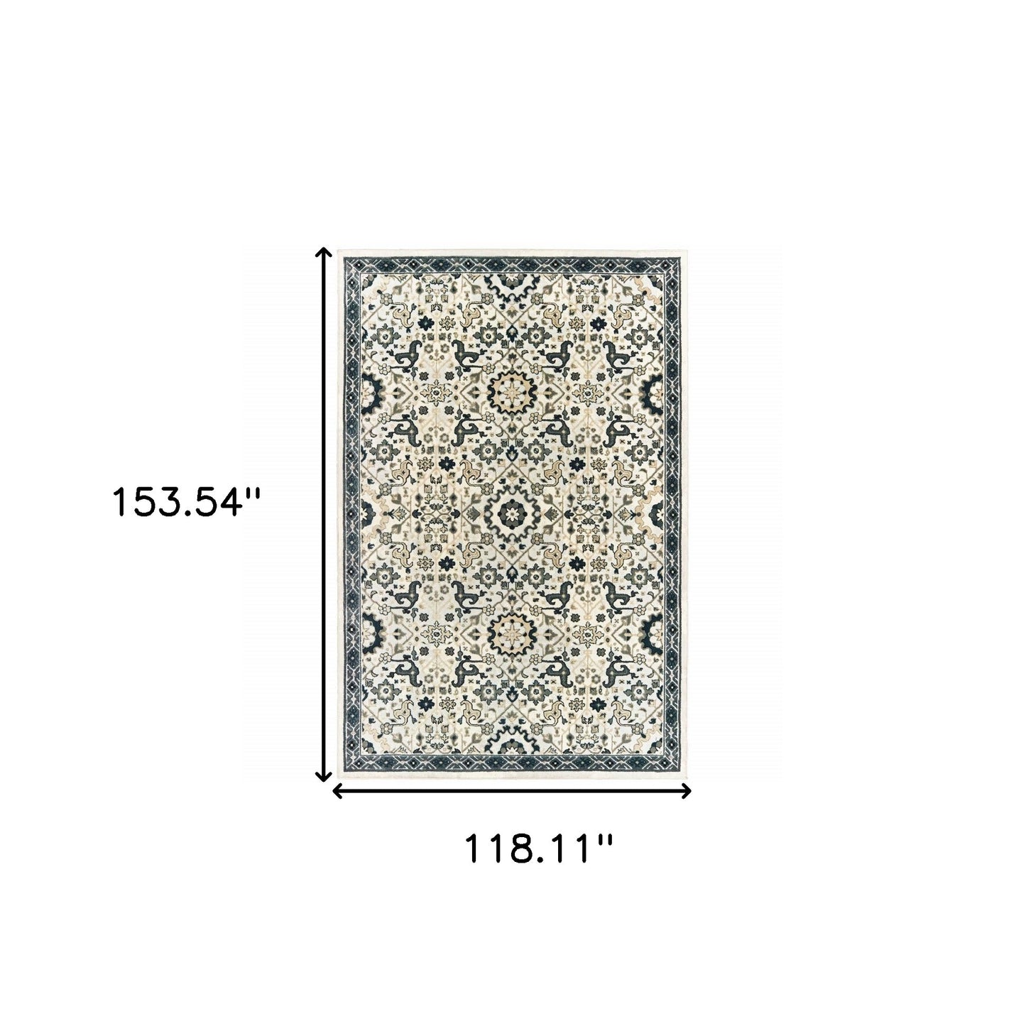 10' X 13' Ivory Navy And Gold Oriental Power Loom Stain Resistant Area Rug