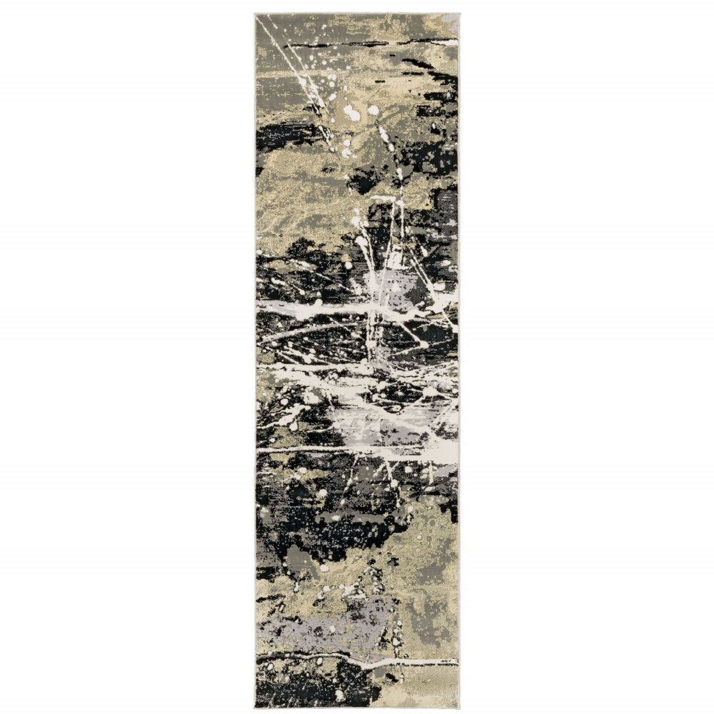 8' Black And Gold Abstract Runner Rug