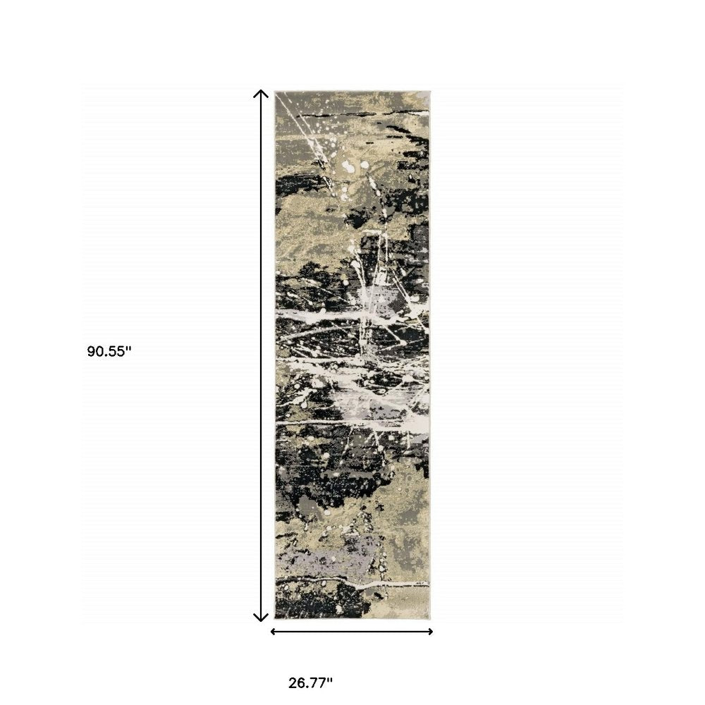8' Black And Gold Abstract Runner Rug