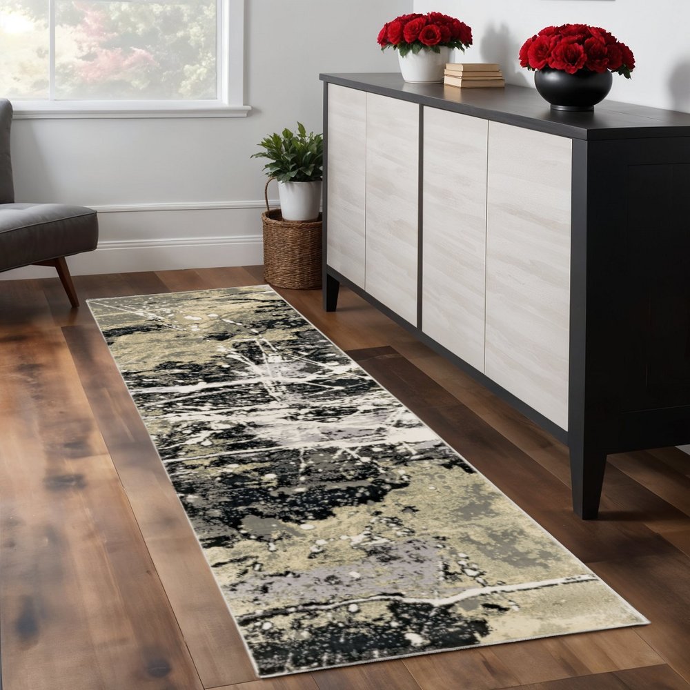 8' Black And Gold Abstract Runner Rug