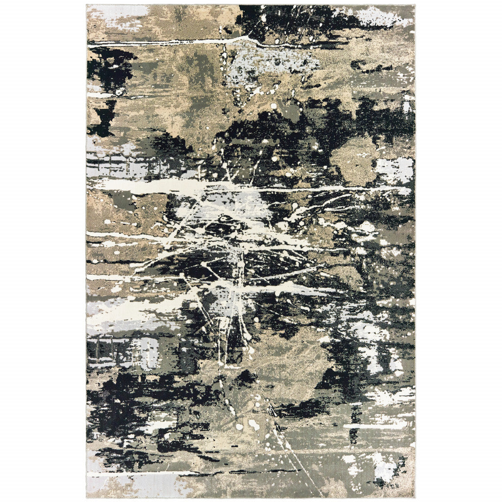 5' X 8' Black Gold Grey And Ivory Abstract Power Loom Stain Resistant Area Rug