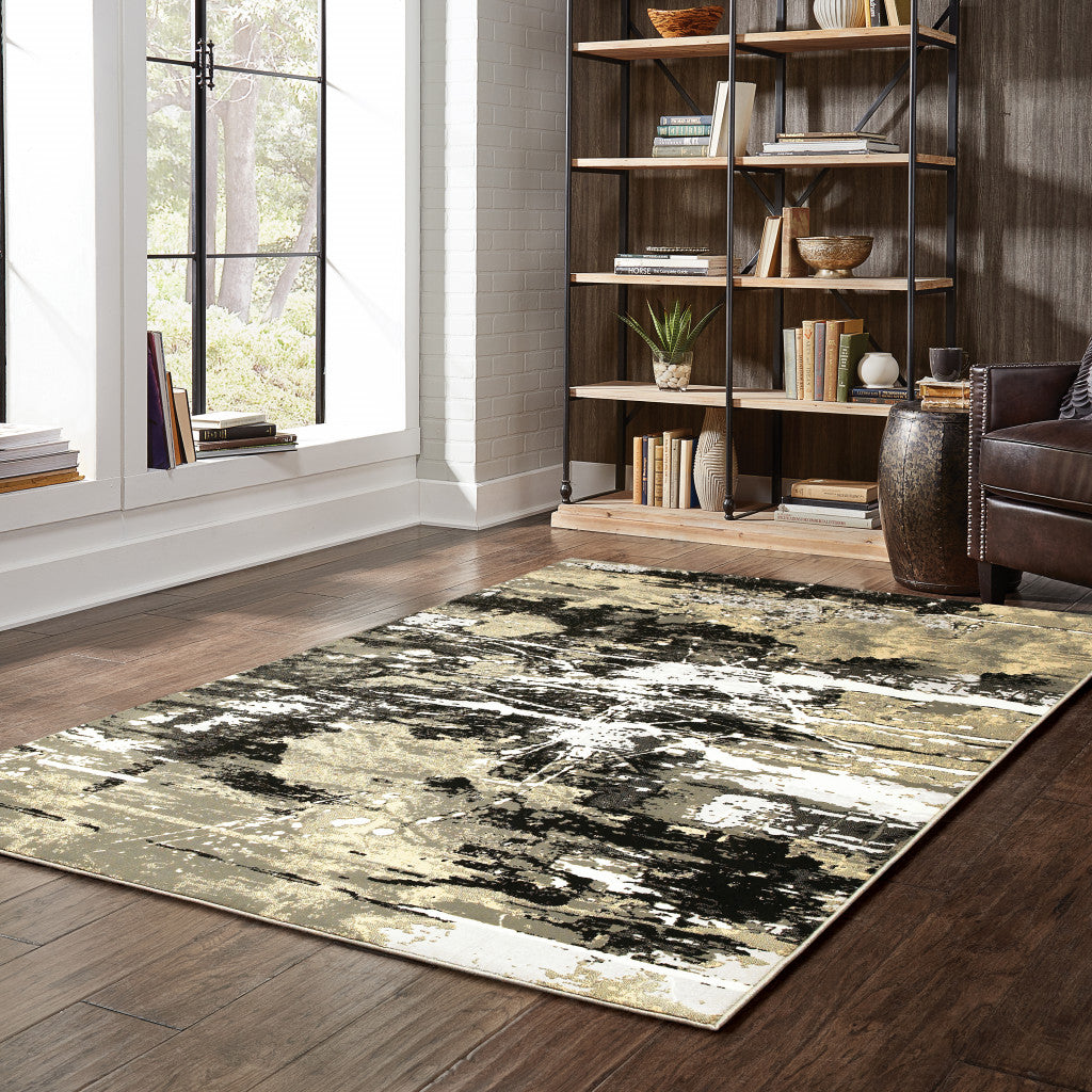 5' X 8' Black Gold Grey And Ivory Abstract Power Loom Stain Resistant Area Rug