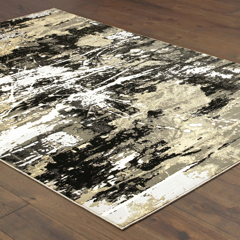 5' X 8' Black Gold Grey And Ivory Abstract Power Loom Stain Resistant Area Rug