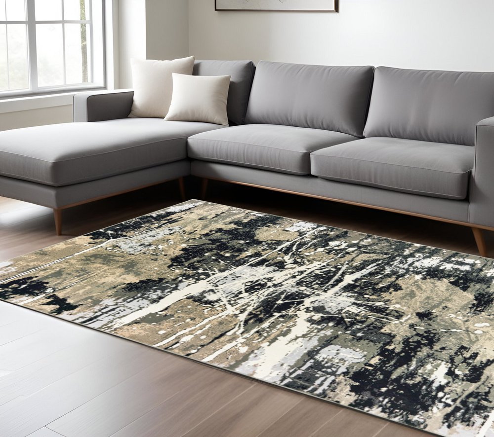 7' X 10' Black And Gold Abstract Area Rug