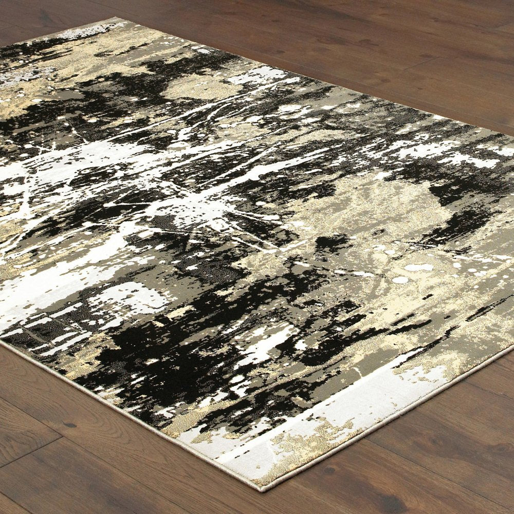 7' X 10' Black And Gold Abstract Area Rug