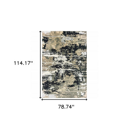 7' X 10' Black And Gold Abstract Area Rug