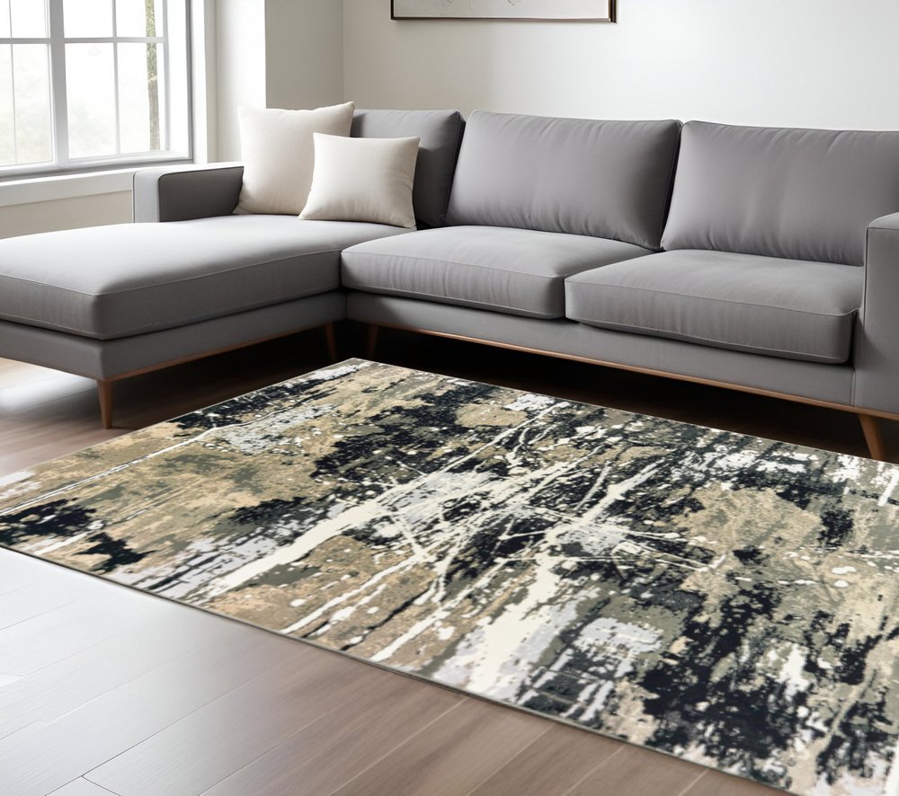 10' X 13' Black Gold Grey And Ivory Abstract Power Loom Stain Resistant Area Rug