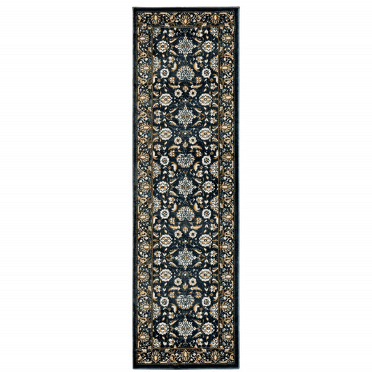 2' X 8' Navy Caramel And Ivory Oriental Power Loom Stain Resistant Runner Rug