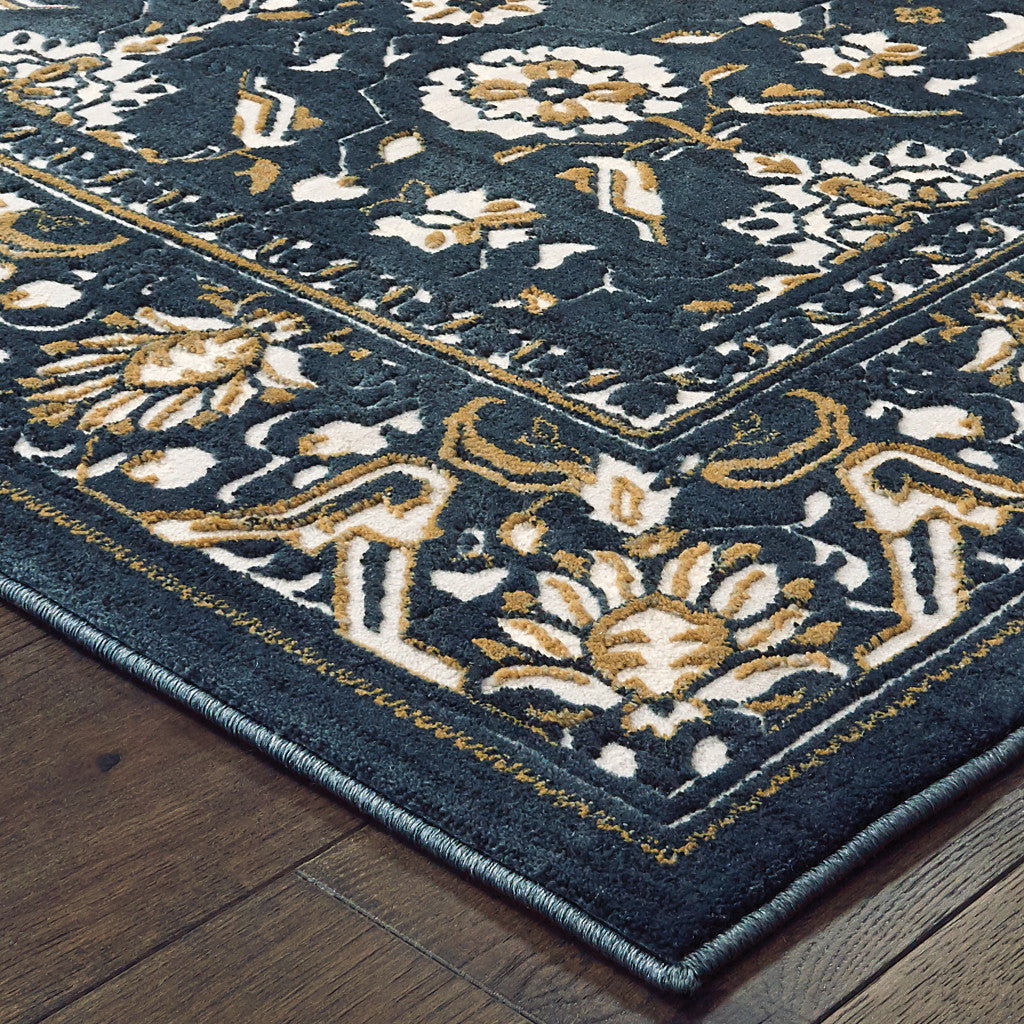 2' X 8' Navy Caramel And Ivory Oriental Power Loom Stain Resistant Runner Rug