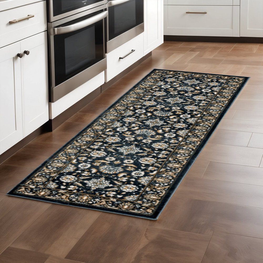 2' X 8' Navy Caramel And Ivory Oriental Power Loom Stain Resistant Runner Rug