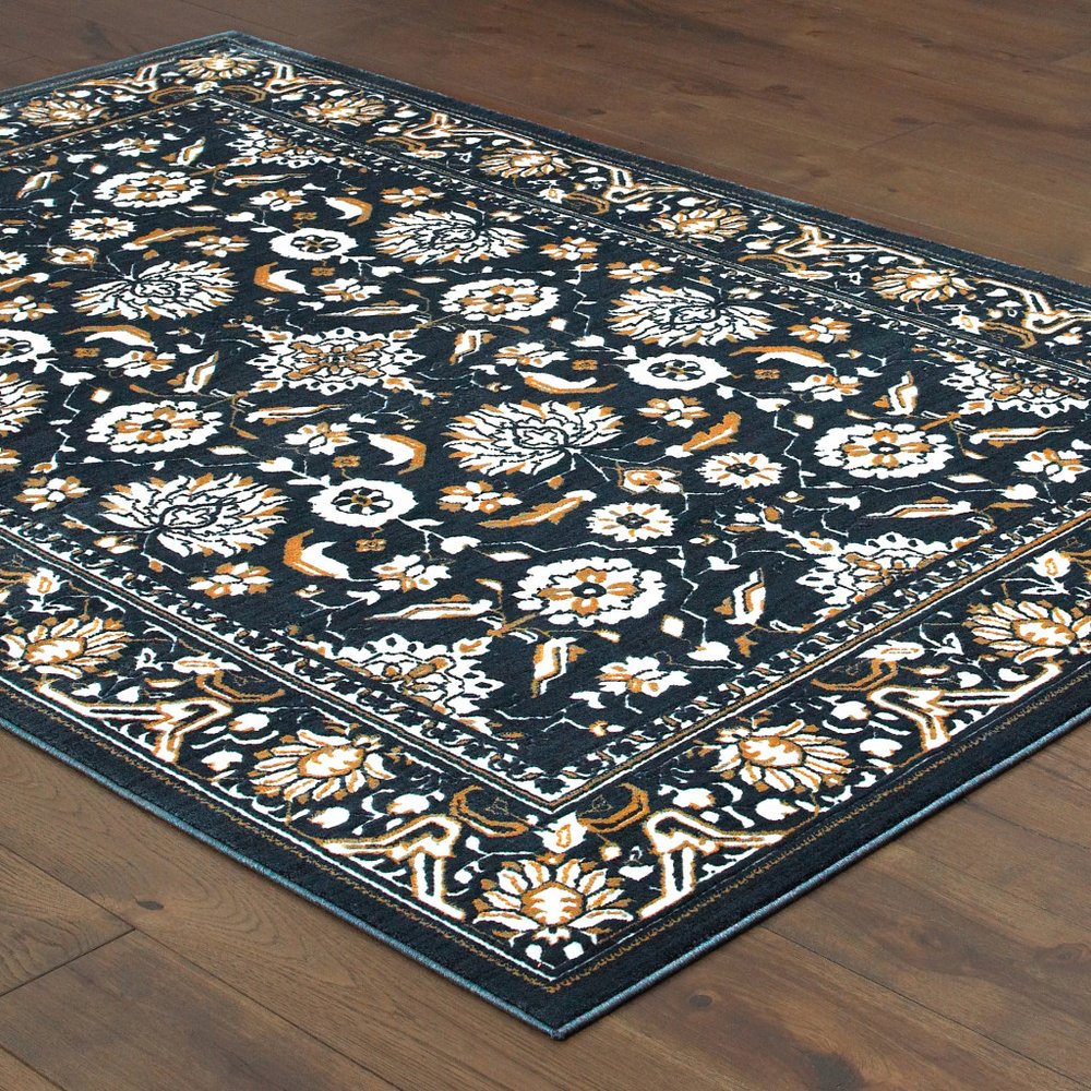 4' X 6' Navy Caramel And Ivory Oriental Power Loom Stain Resistant Area Rug
