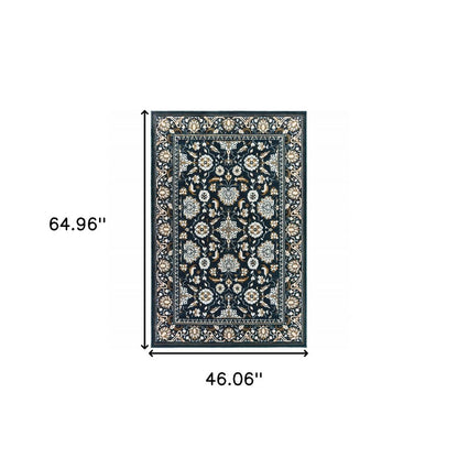 4' X 6' Navy Caramel And Ivory Oriental Power Loom Stain Resistant Area Rug