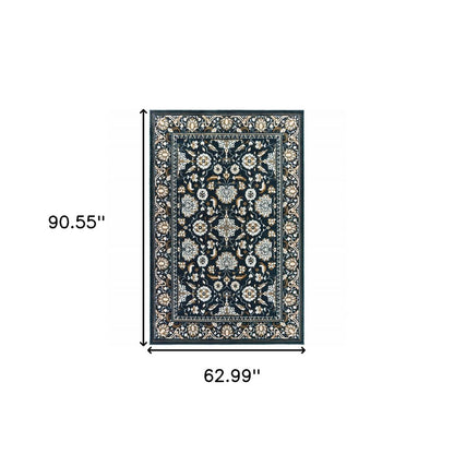 5' X 8' Navy Caramel And Ivory Oriental Power Loom Stain Resistant Area Rug
