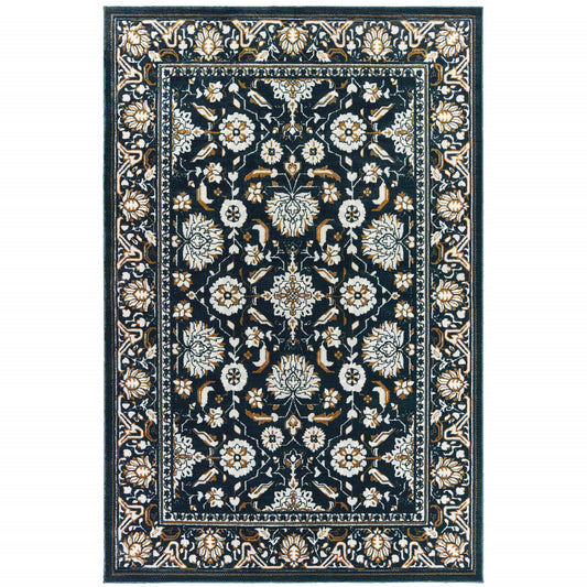 6' X 9' Navy Caramel And Ivory Oriental Power Loom Stain Resistant Area Rug