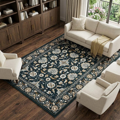 7' X 10' Navy Blue And Gold Oriental Area Rug