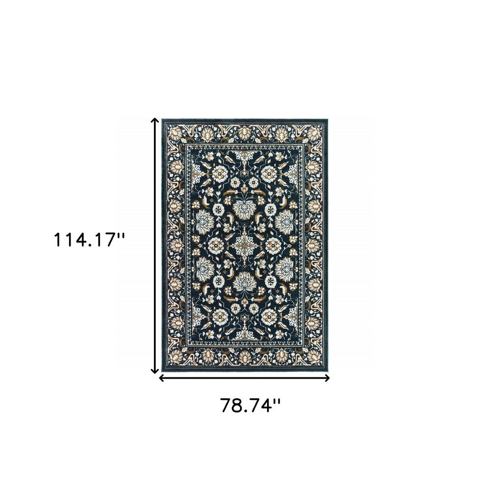 7' X 10' Navy Blue And Gold Oriental Area Rug