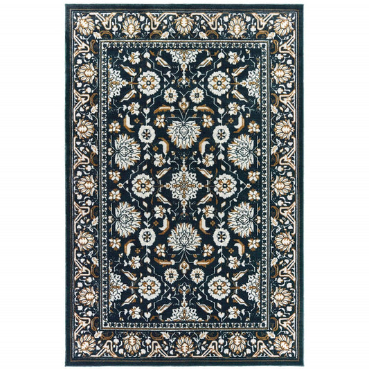 8' X 11' Navy Blue And Gold Oriental Area Rug