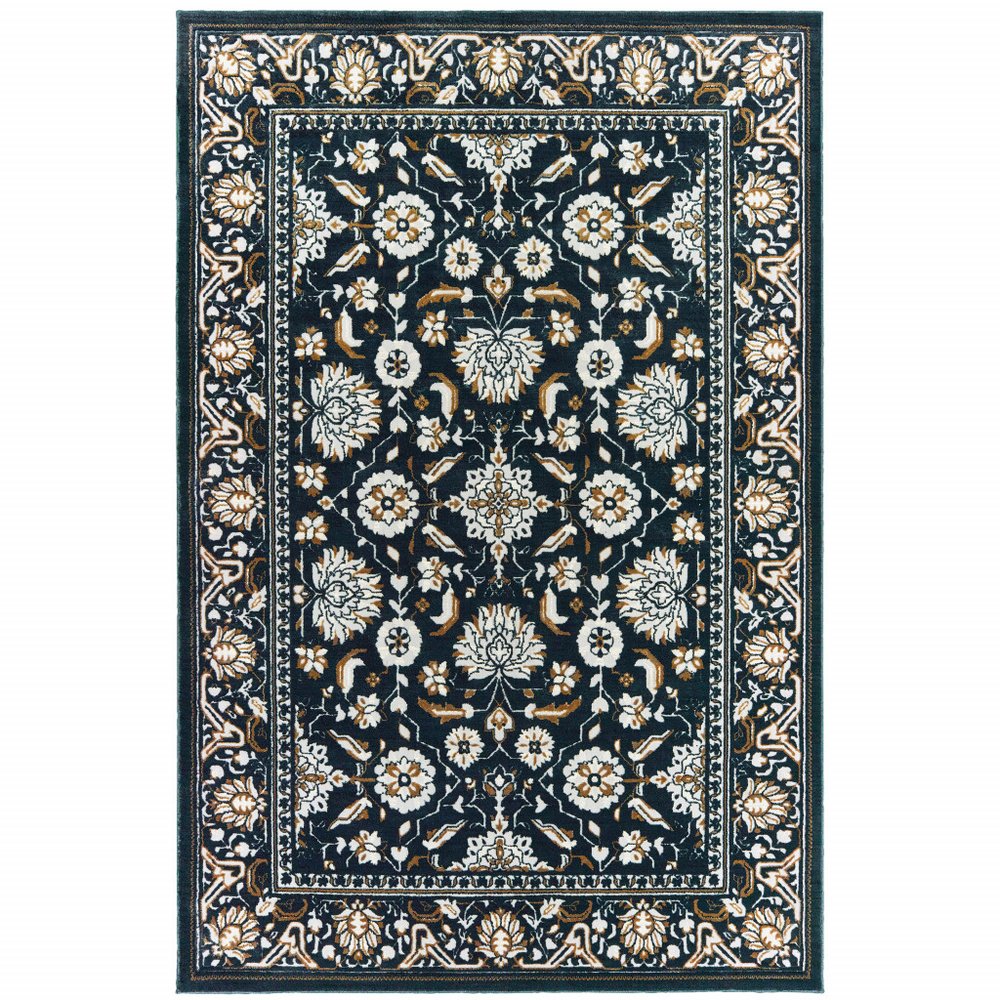 8' X 11' Navy Blue And Gold Oriental Area Rug