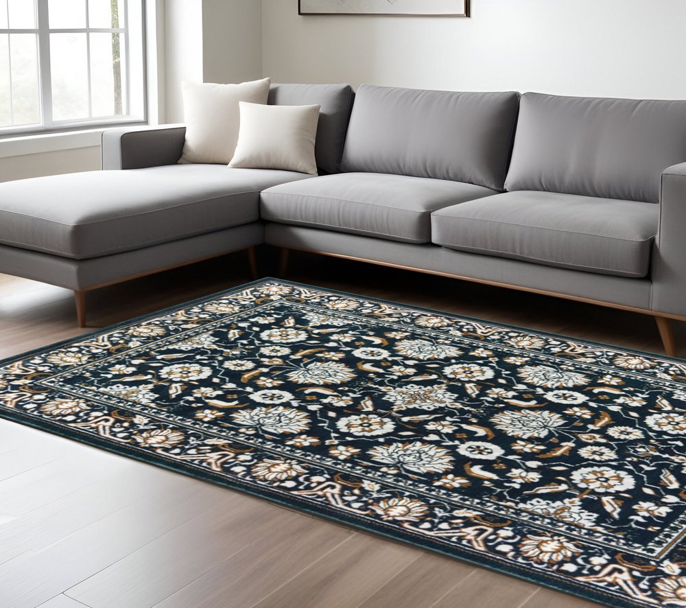 8' X 11' Navy Blue And Gold Oriental Area Rug