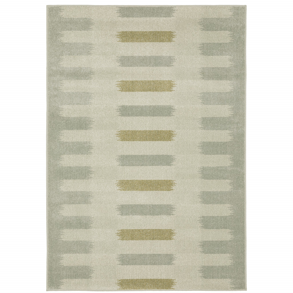 5' X 7' Beige Grey Gold And Green Geometric Power Loom Stain Resistant Area Rug