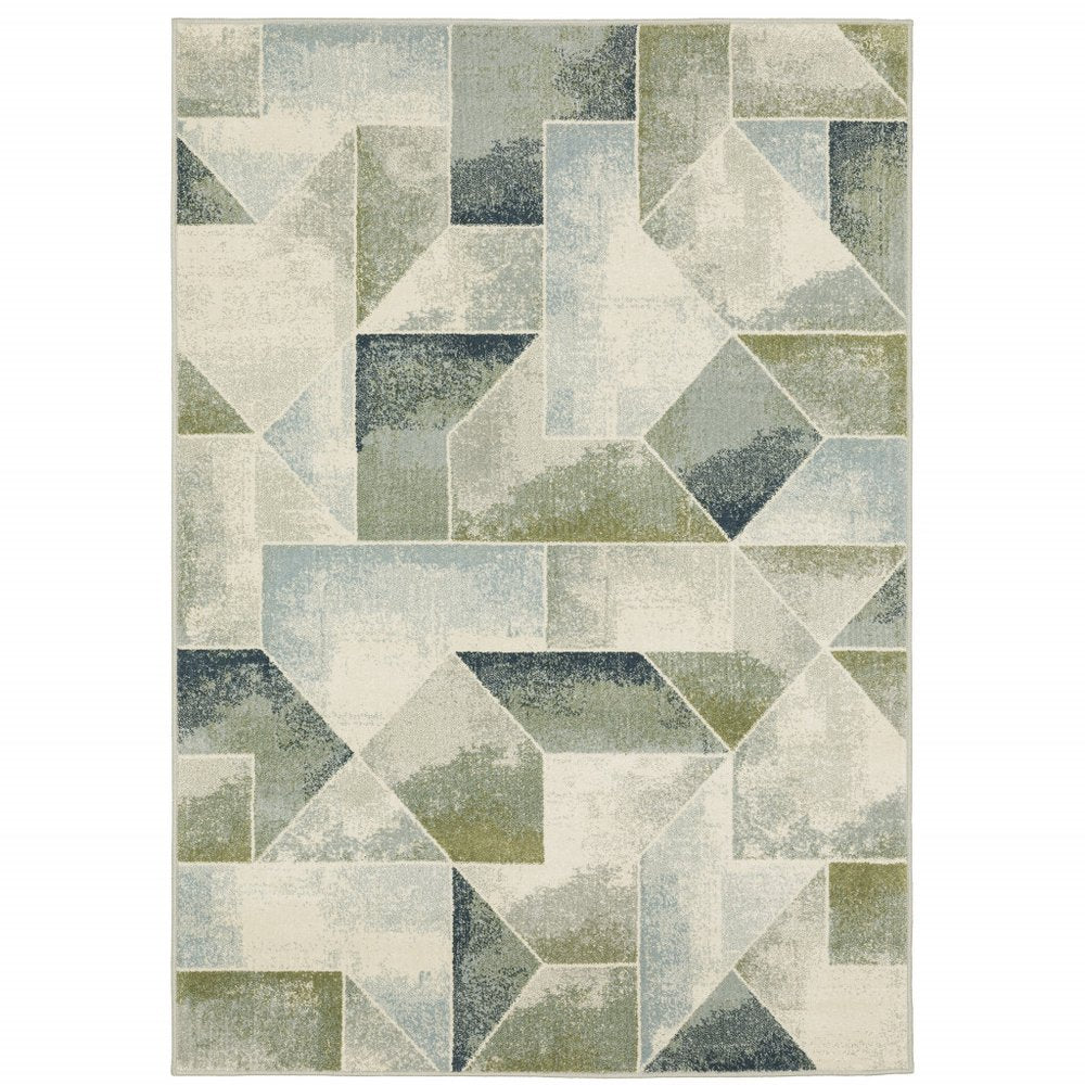 10' x 13' blue, green, grey, gold and ivory geometric power loom stain-resistant area rug