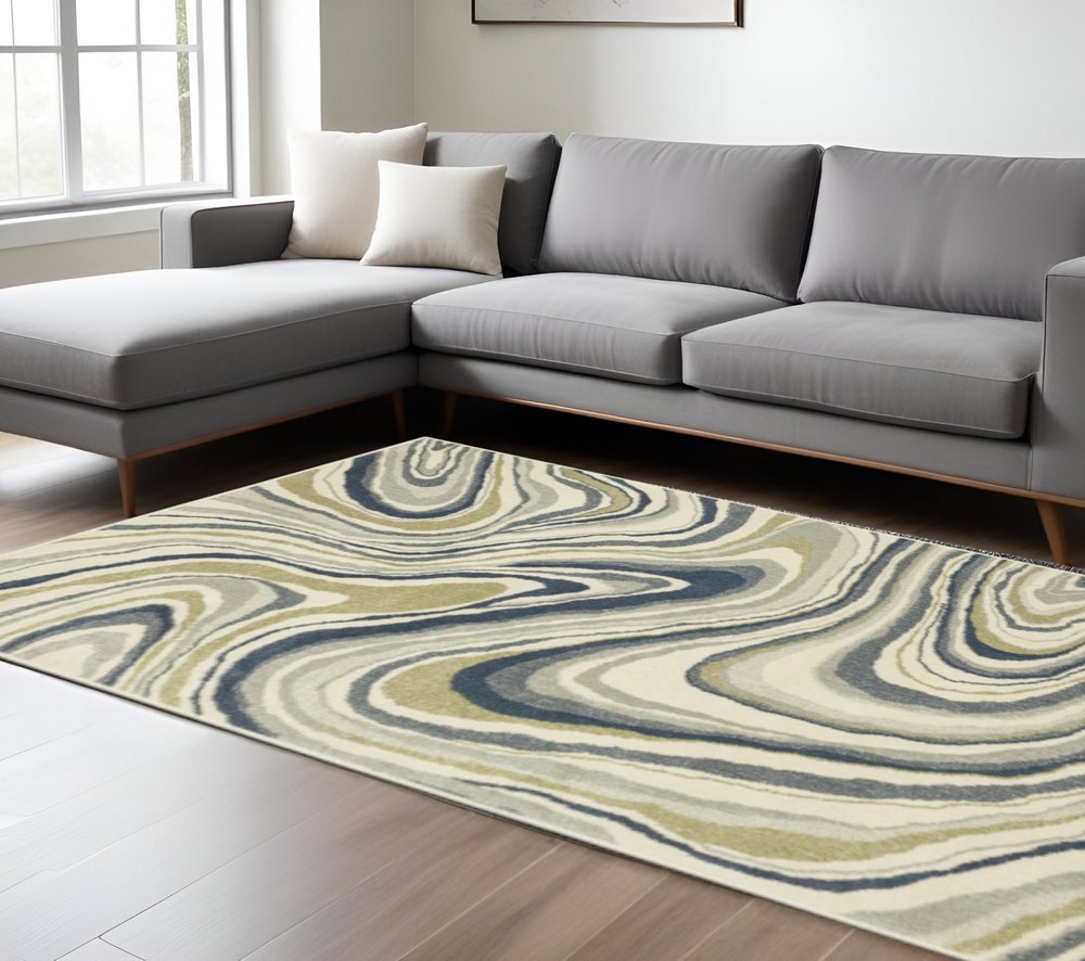 10' X 13' Ivory Blue And Beige Abstract Power Loom Stain Resistant Area Rug