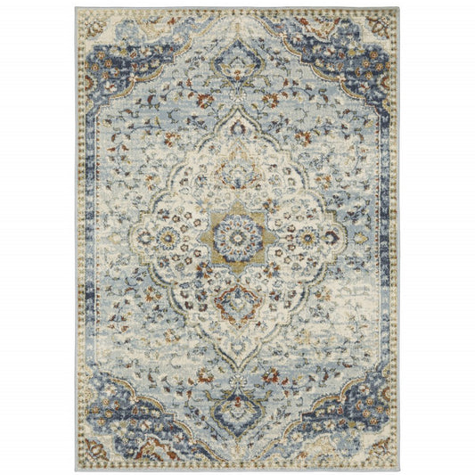 5' X 7' blue beige rust gold and teal oriental area rug, power loom, stain resistant
