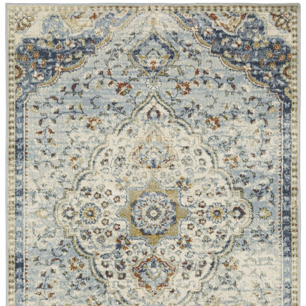 7' X 9' Blue And Beige Oriental Distressed Area Rug
