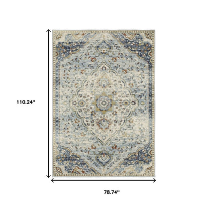 7' X 9' Blue And Beige Oriental Distressed Area Rug
