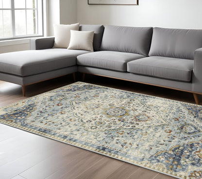 7' X 9' Blue And Beige Oriental Distressed Area Rug