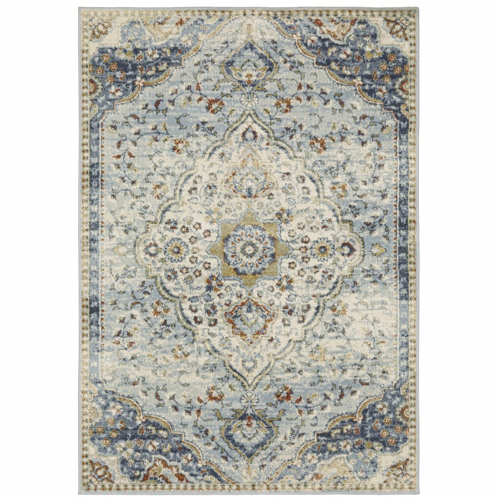 7' X 9' Blue And Beige Oriental Distressed Area Rug