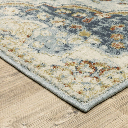 7' X 9' Blue And Beige Oriental Distressed Area Rug