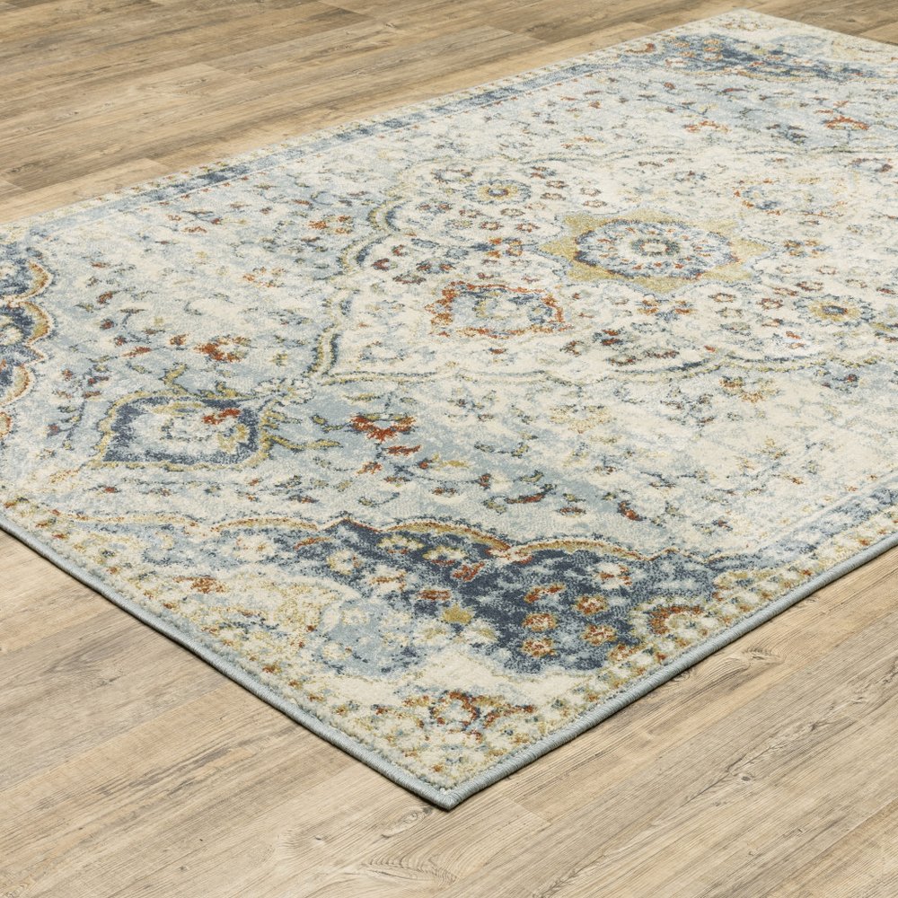 7' X 9' Blue And Beige Oriental Distressed Area Rug