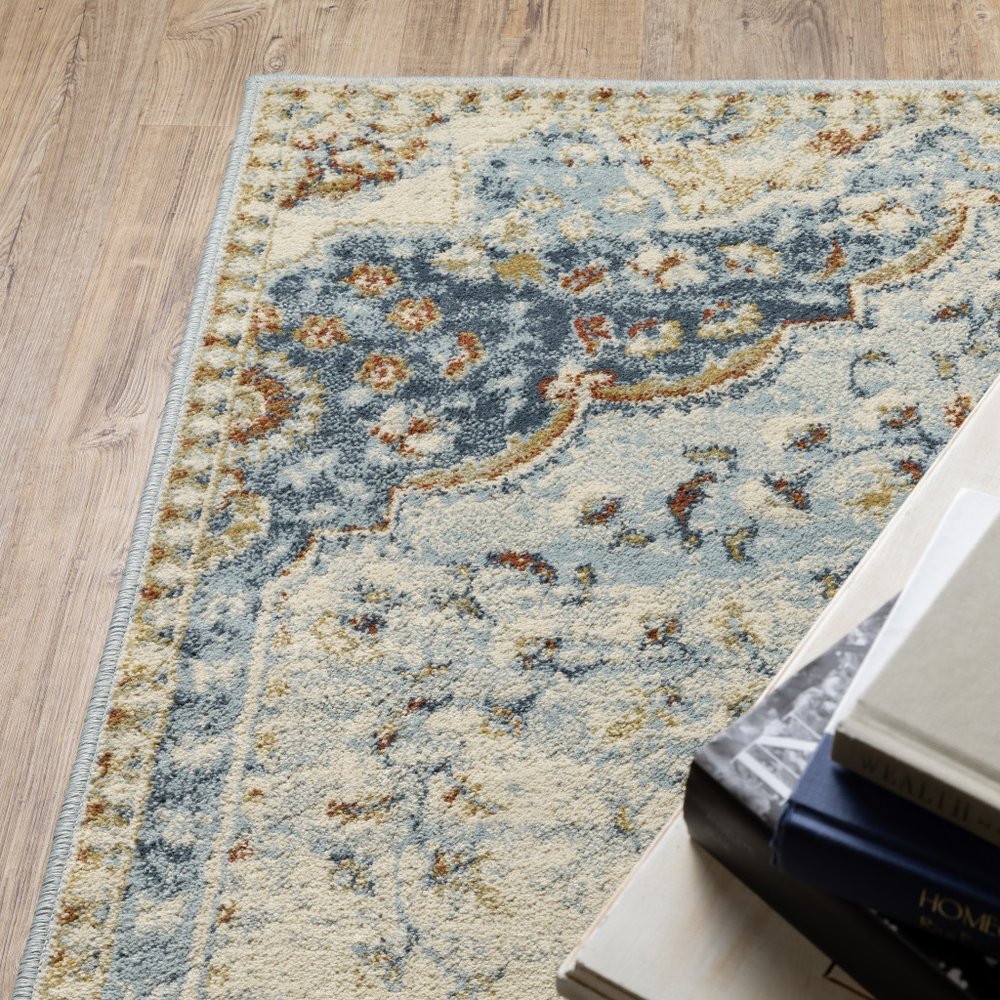 7' X 9' Blue And Beige Oriental Distressed Area Rug