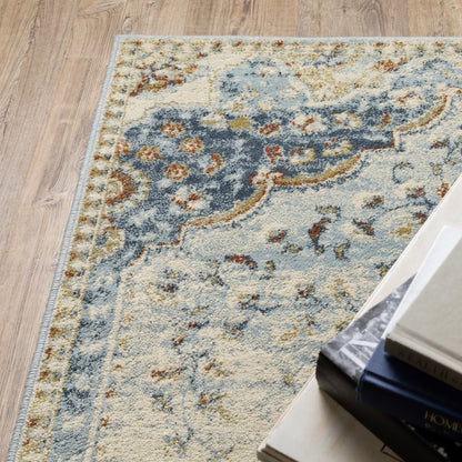 7' X 9' Blue And Beige Oriental Distressed Area Rug