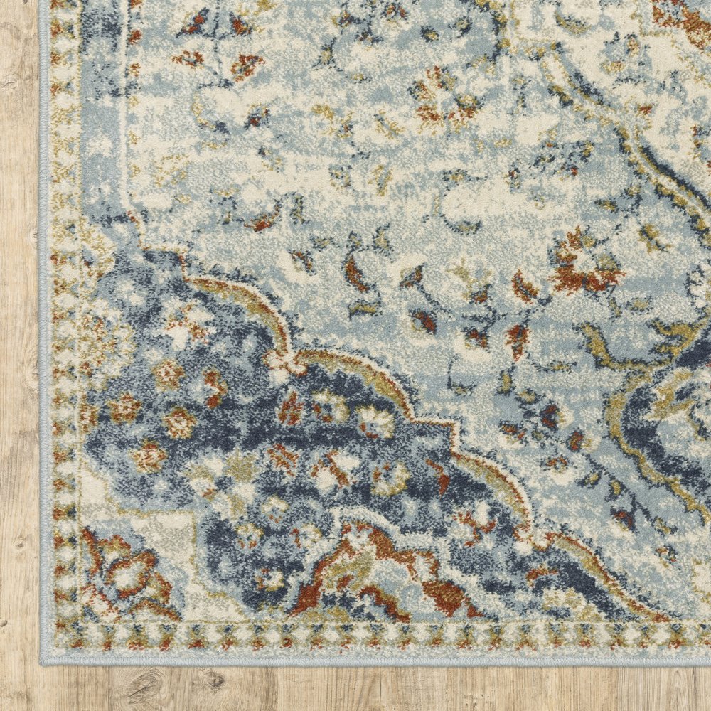 7' X 9' Blue And Beige Oriental Distressed Area Rug