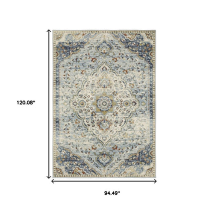 8' X 10' Blue And Beige Oriental Distressed Area Rug