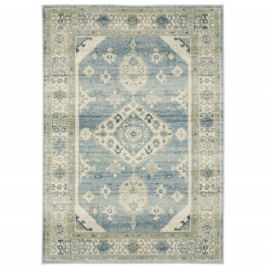 3' X 5' Blue Grey Beige And Teal Oriental Power Loom Stain Resistant Area Rug