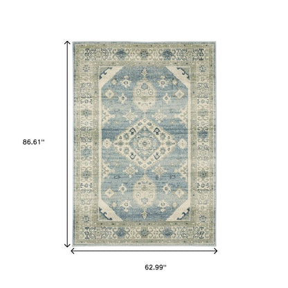 Blue & ivory traditional oriental rug with central medallion & ornate border, 86.61 x 62.99 inches.
